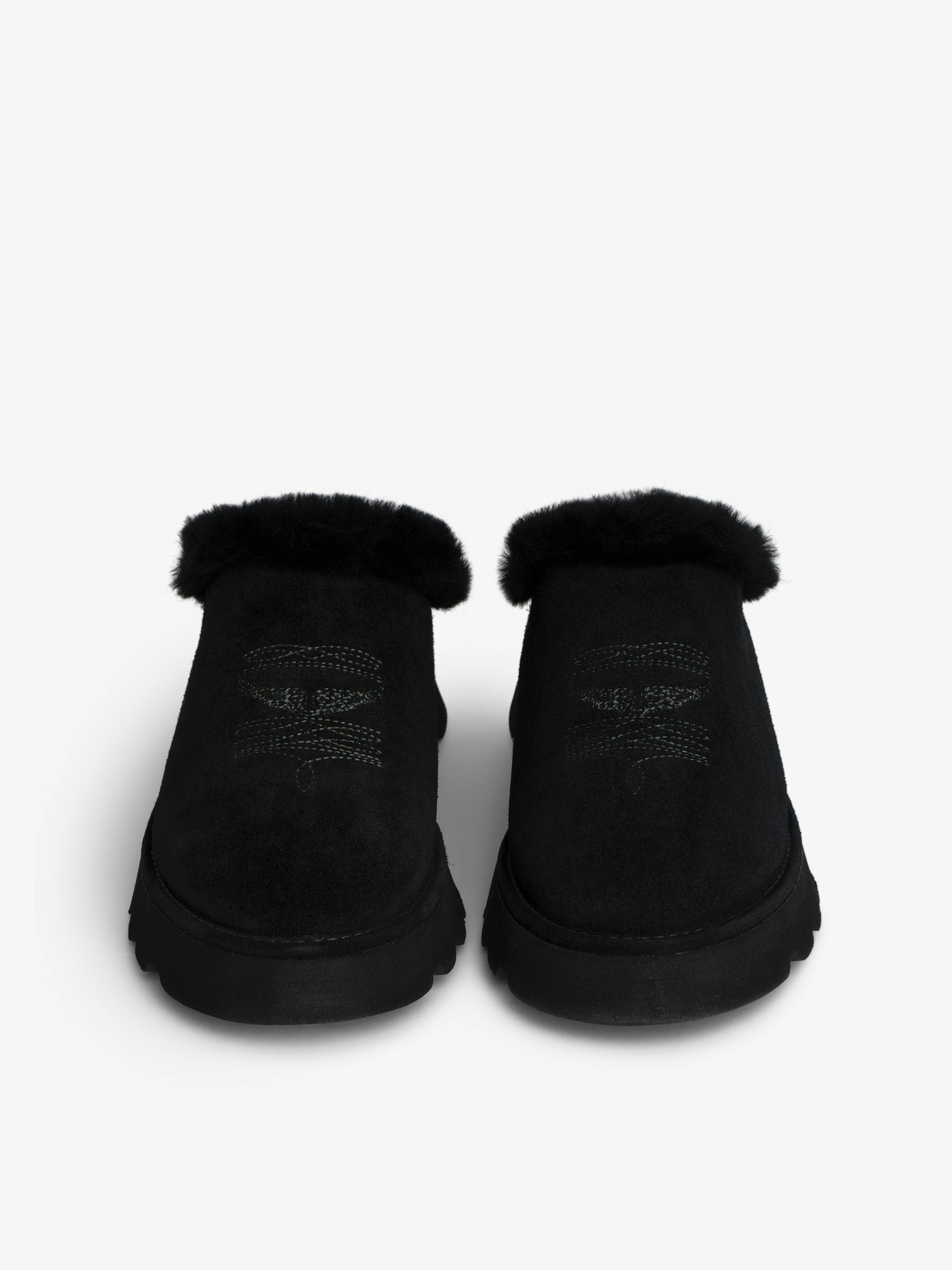 Teddy Shearling Mules - Mules in suede and shearling adorned with signature embroideries.